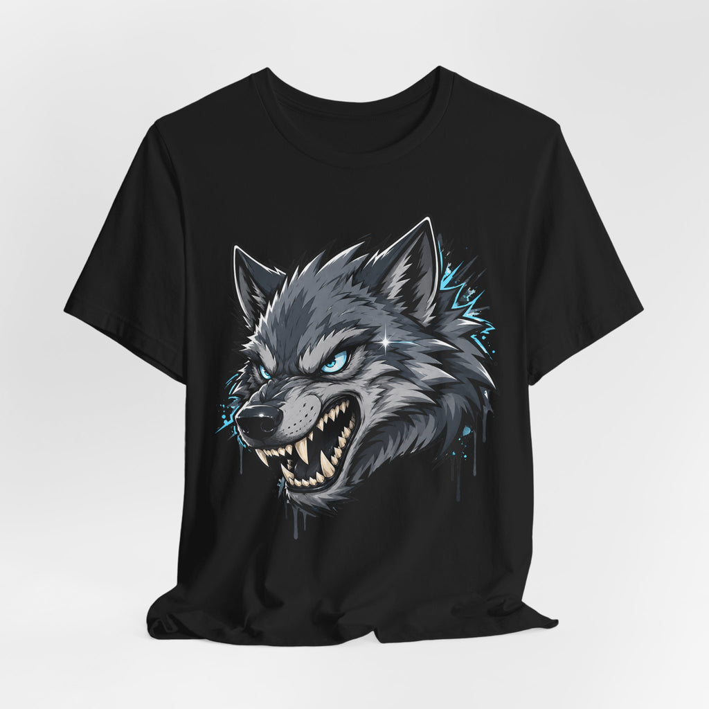 Black wolf head graphic t-shirt with snarling gray-blue eyes design