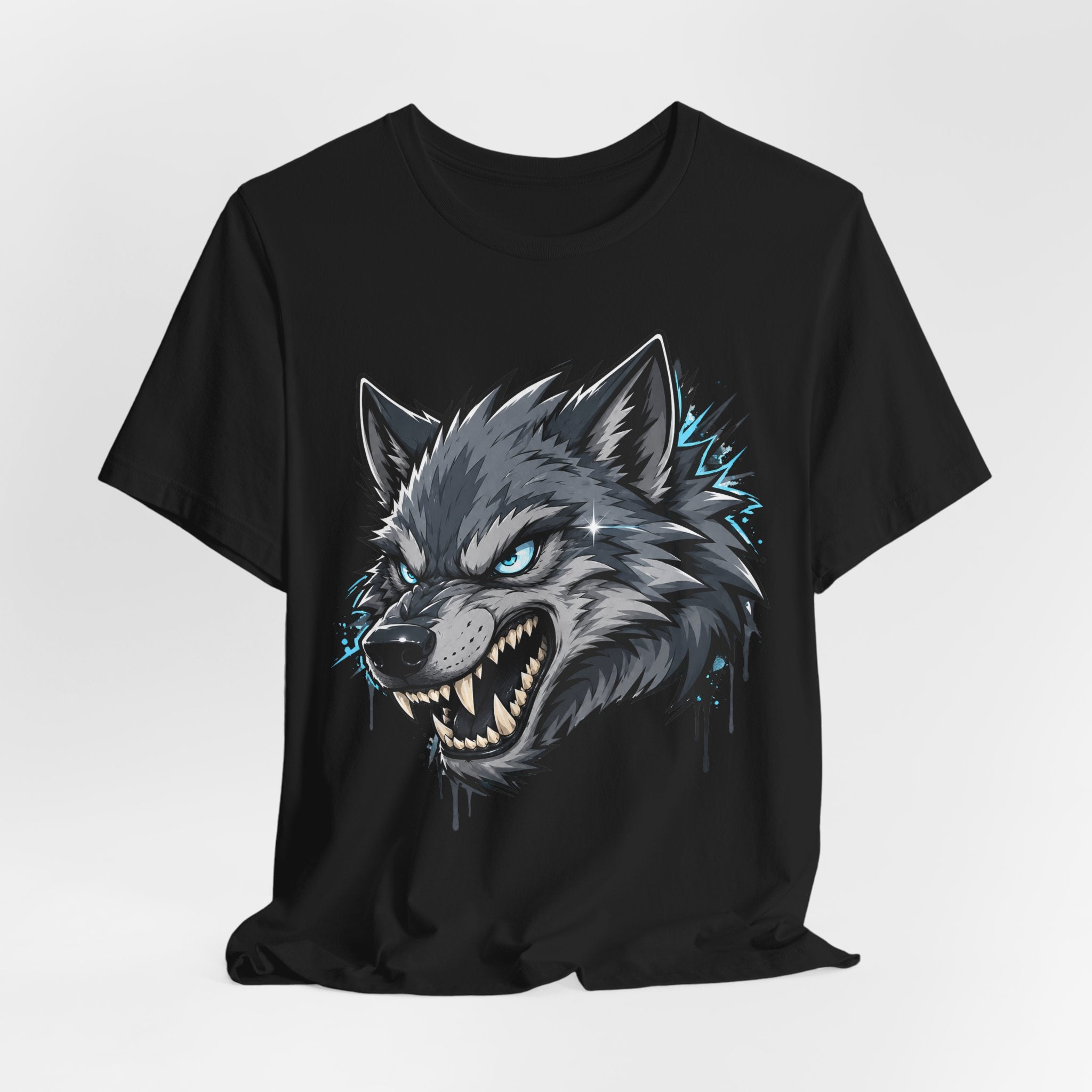 Black wolf head graphic t-shirt with snarling gray-blue eyes design