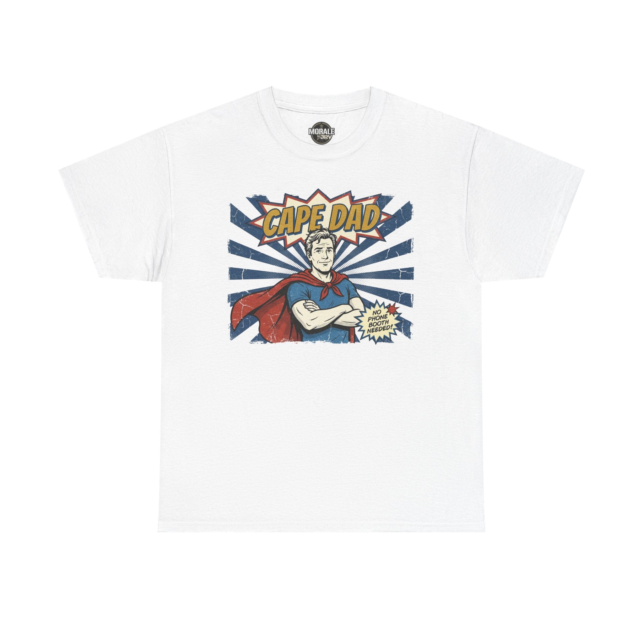 Cape Dad superhero T‑shirt, white, comic pop art chest graphic