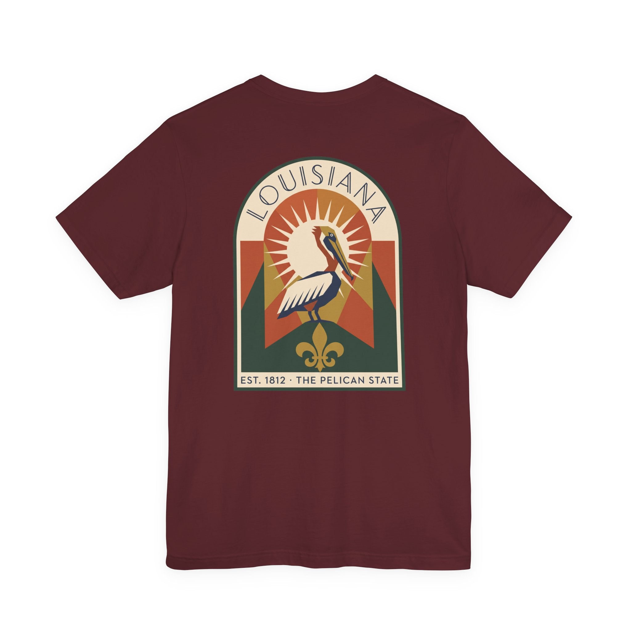 Maroon T-shirt with centered Art Deco-style Louisiana pelican graphic emblem