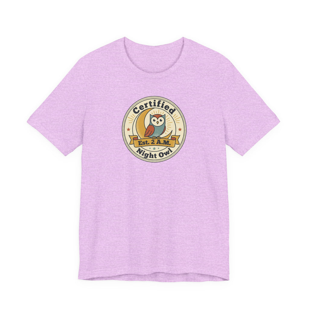 Night owl graphic T-shirt, heather lilac, crew neck, “Certified Night Owl” badge front print