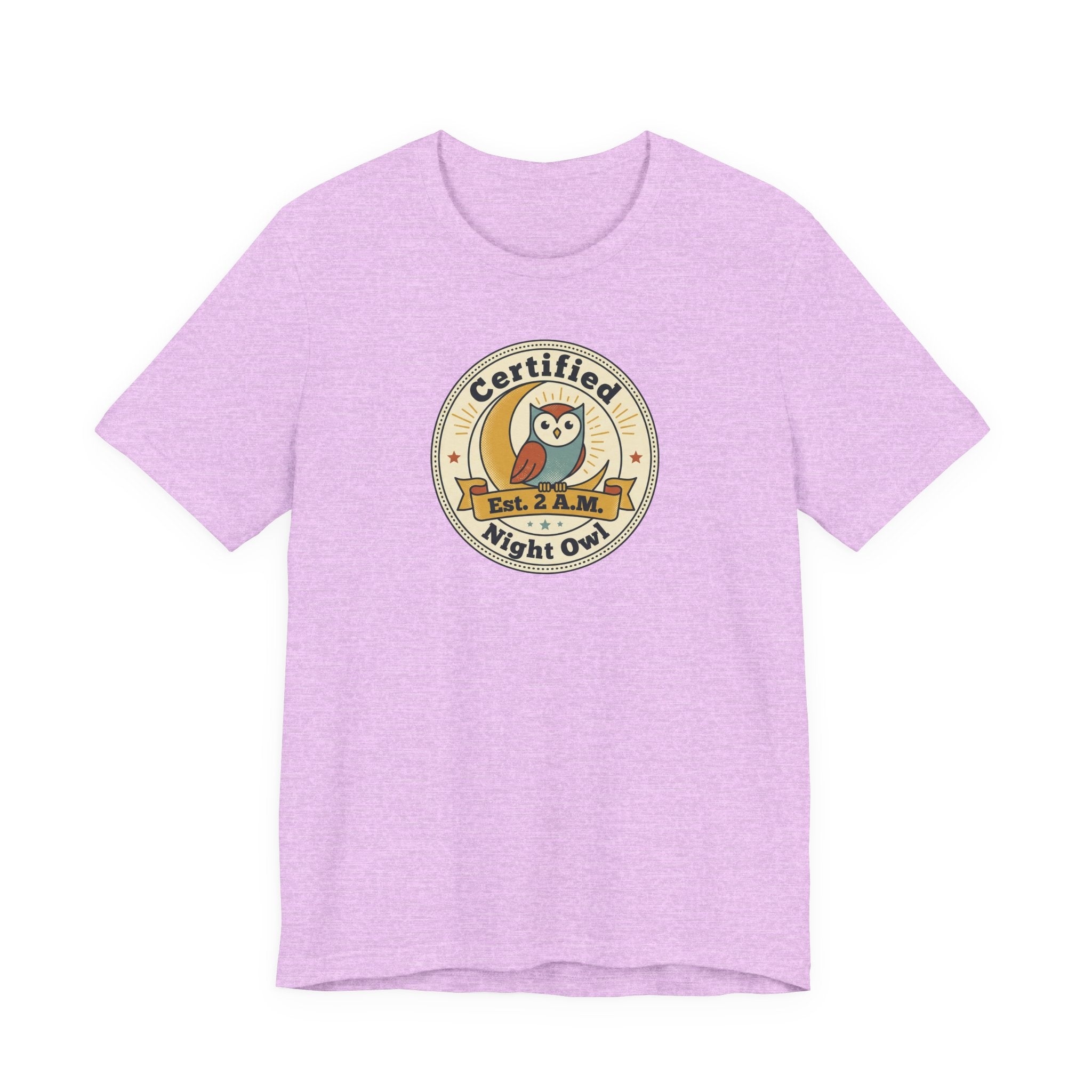 Night owl graphic T-shirt, heather lilac, crew neck, “Certified Night Owl” badge front print