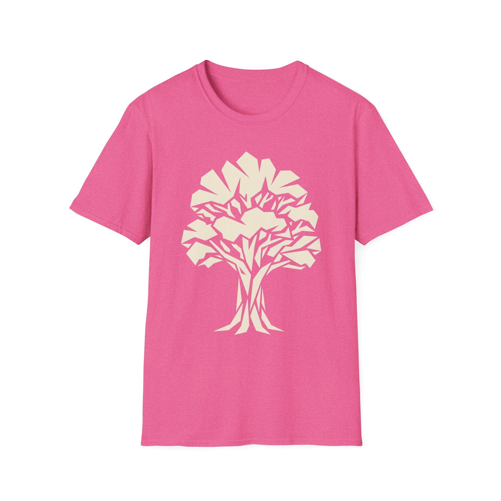 Pink t-shirt with white geometric tree silhouette graphic on the front