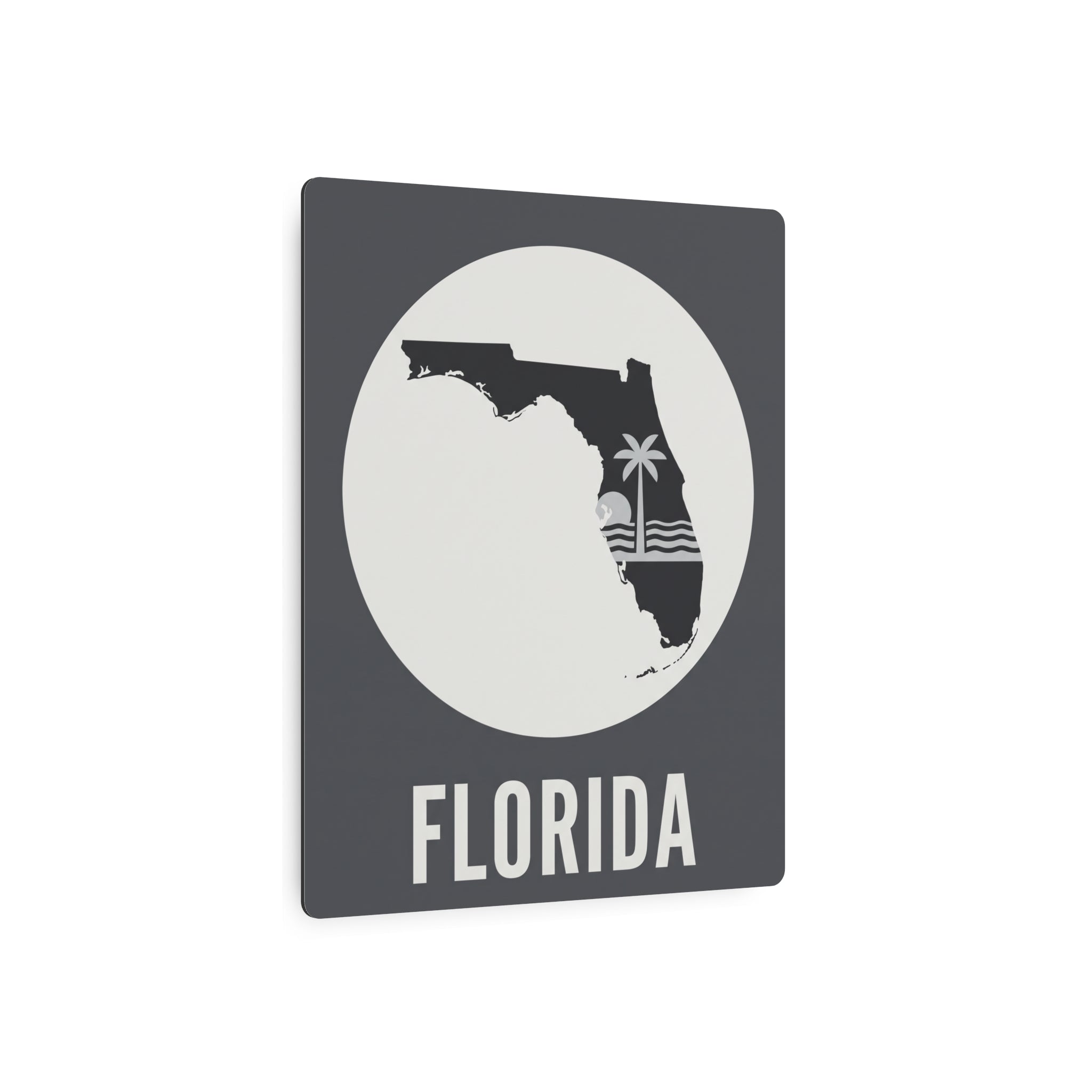Square Florida state silhouette metal wall art with palm tree detail and “FLORIDA”