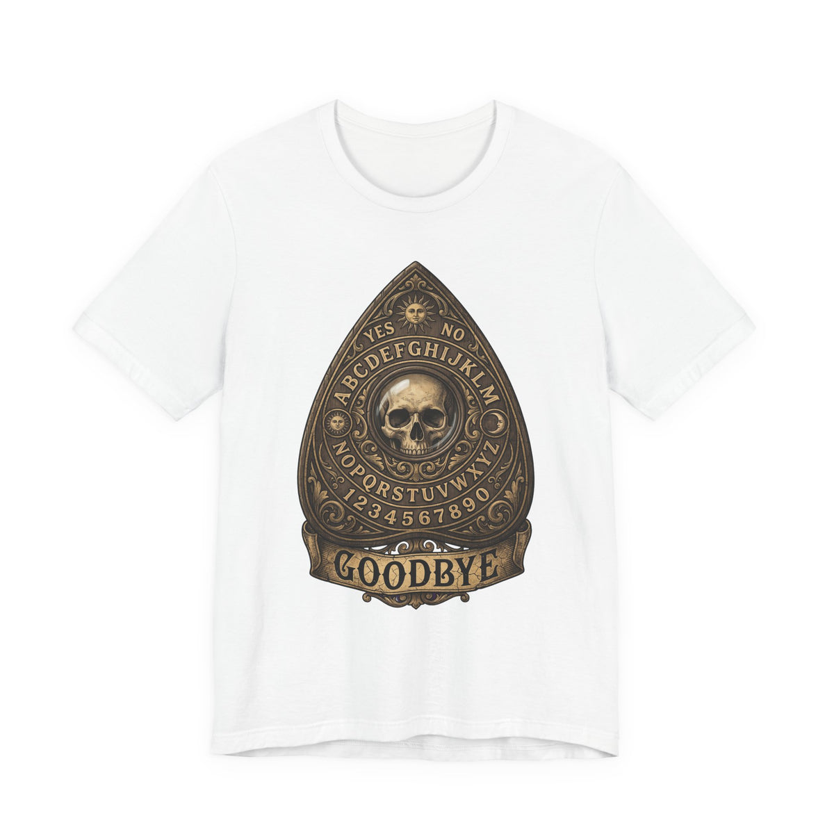 White gothic T-shirt with gold-brown skull planchette graphic and “GOODBYE” text.