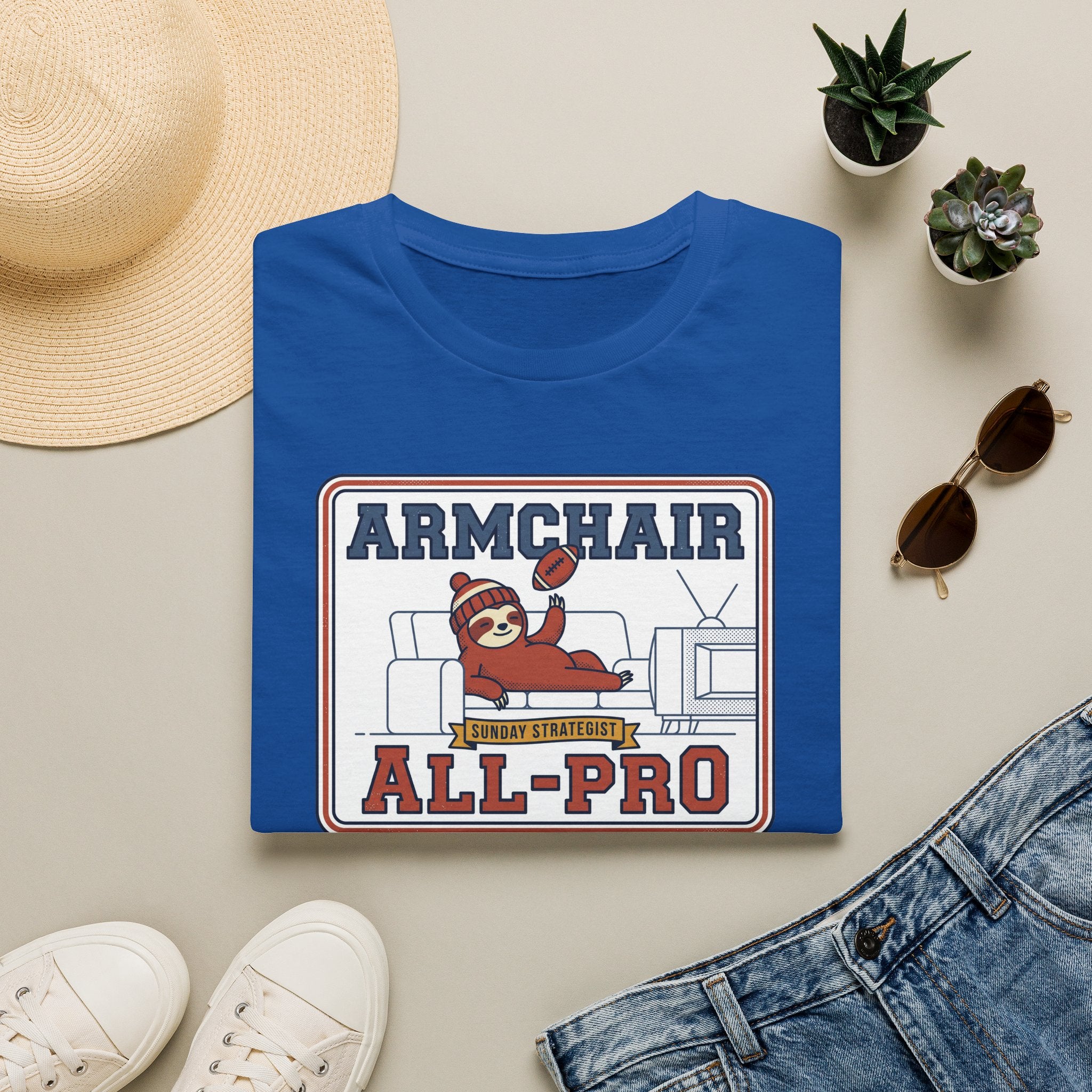Funny sloth graphic football T-shirt in royal blue, “Armchair All-Pro” print