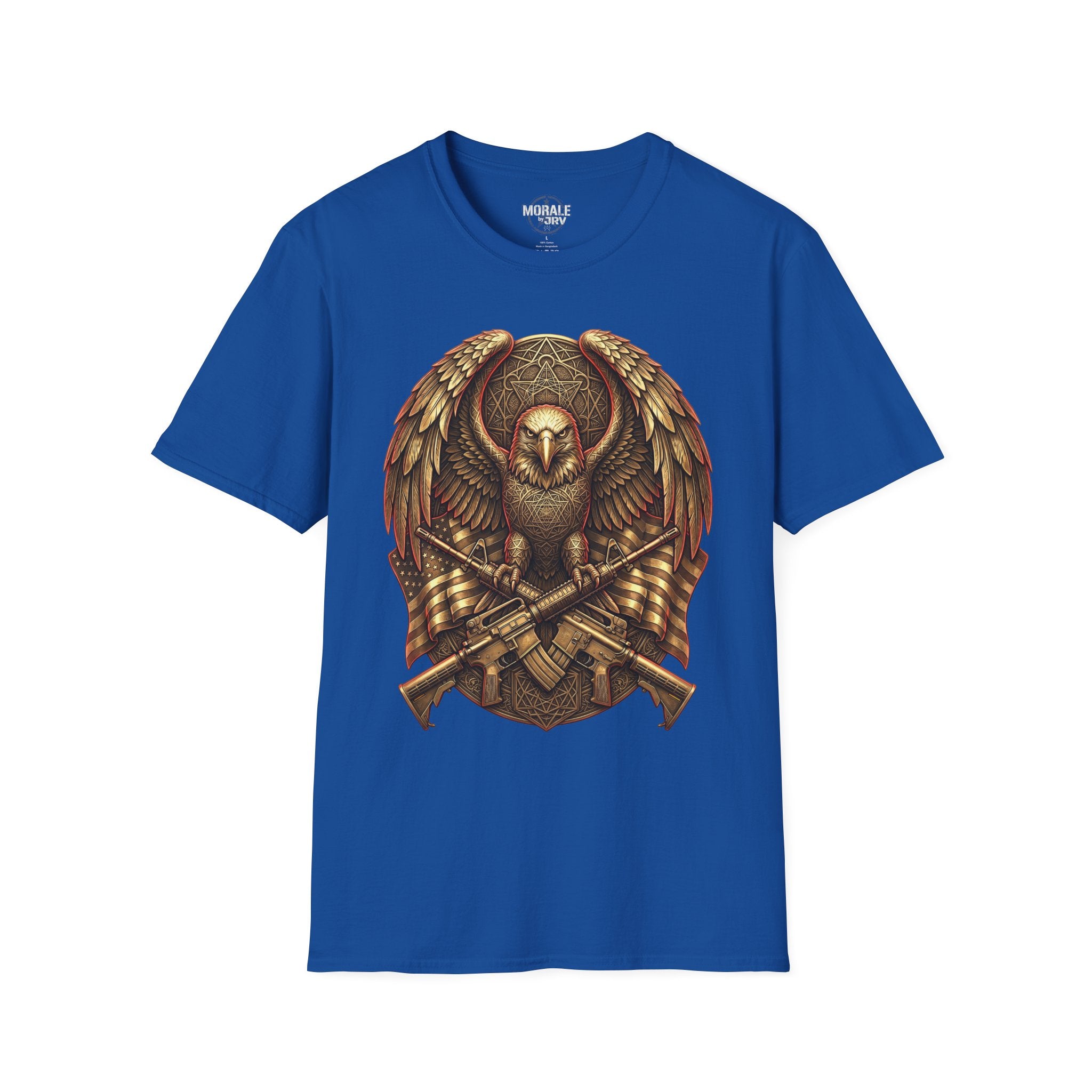 Royal blue T-shirt with warrior owl shield emblem and crossed axes print