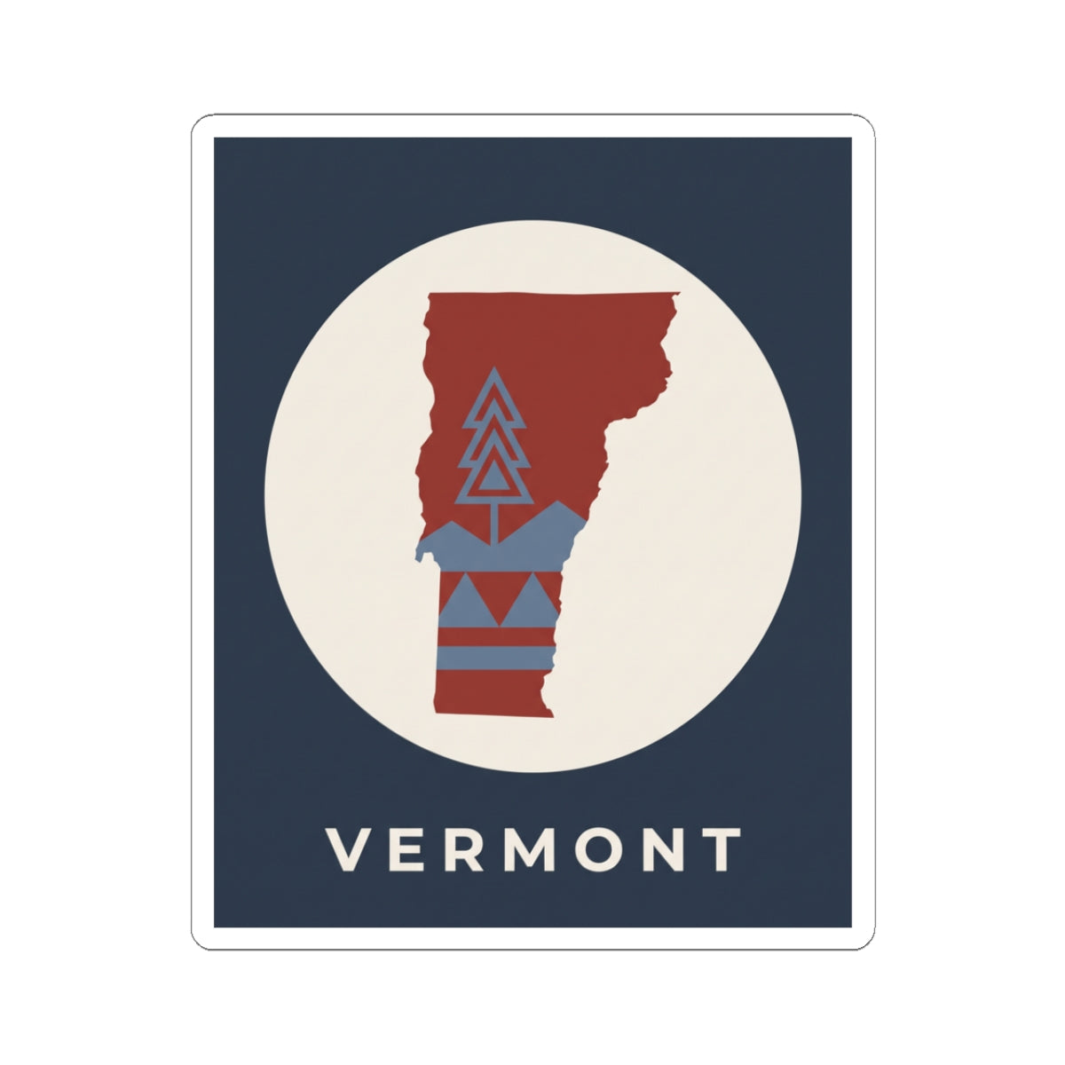 Vermont map kiss-cut sticker with red state inside beige circle and blue mountain icon, 'VERMONT'