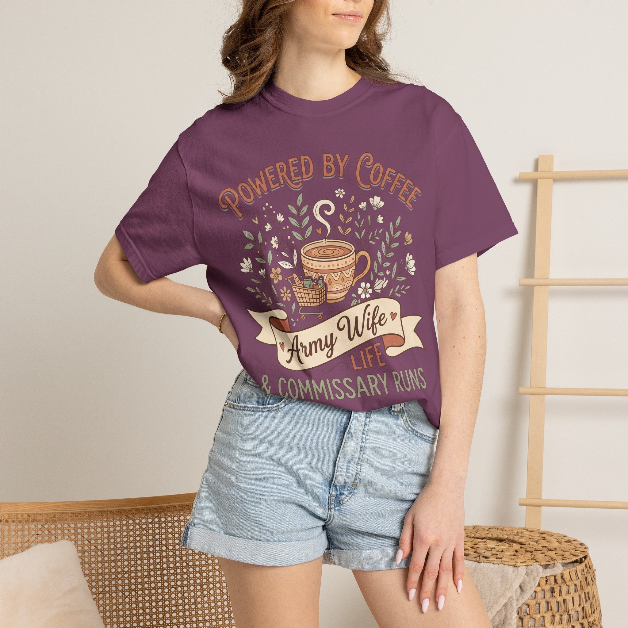 Purple short-sleeve T-shirt with coffee floral slogan graphic on model
