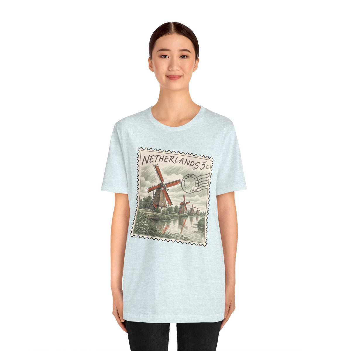 Light blue crew-neck T-shirt with front Netherlands postage stamp graphic