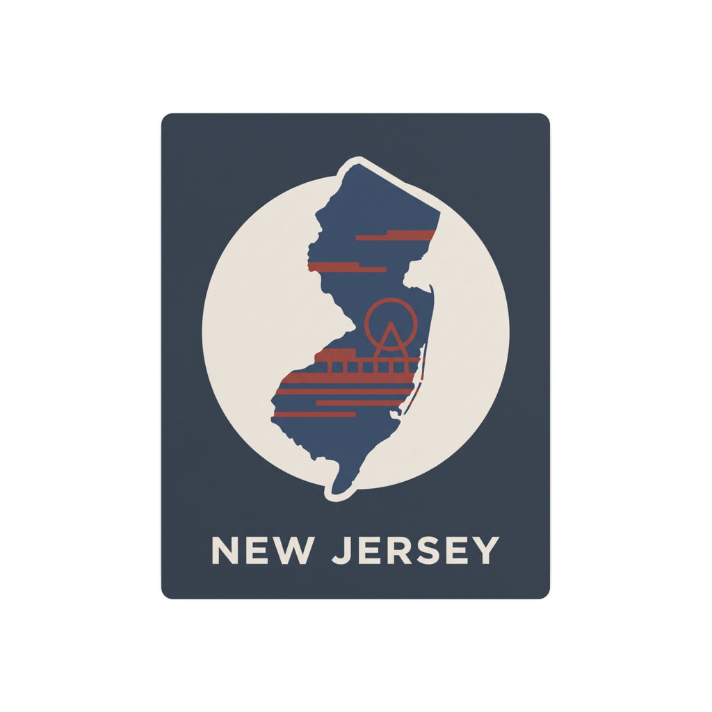 Metal New Jersey state map art sign, dark blue square with circular map and “NEW JERSEY”
