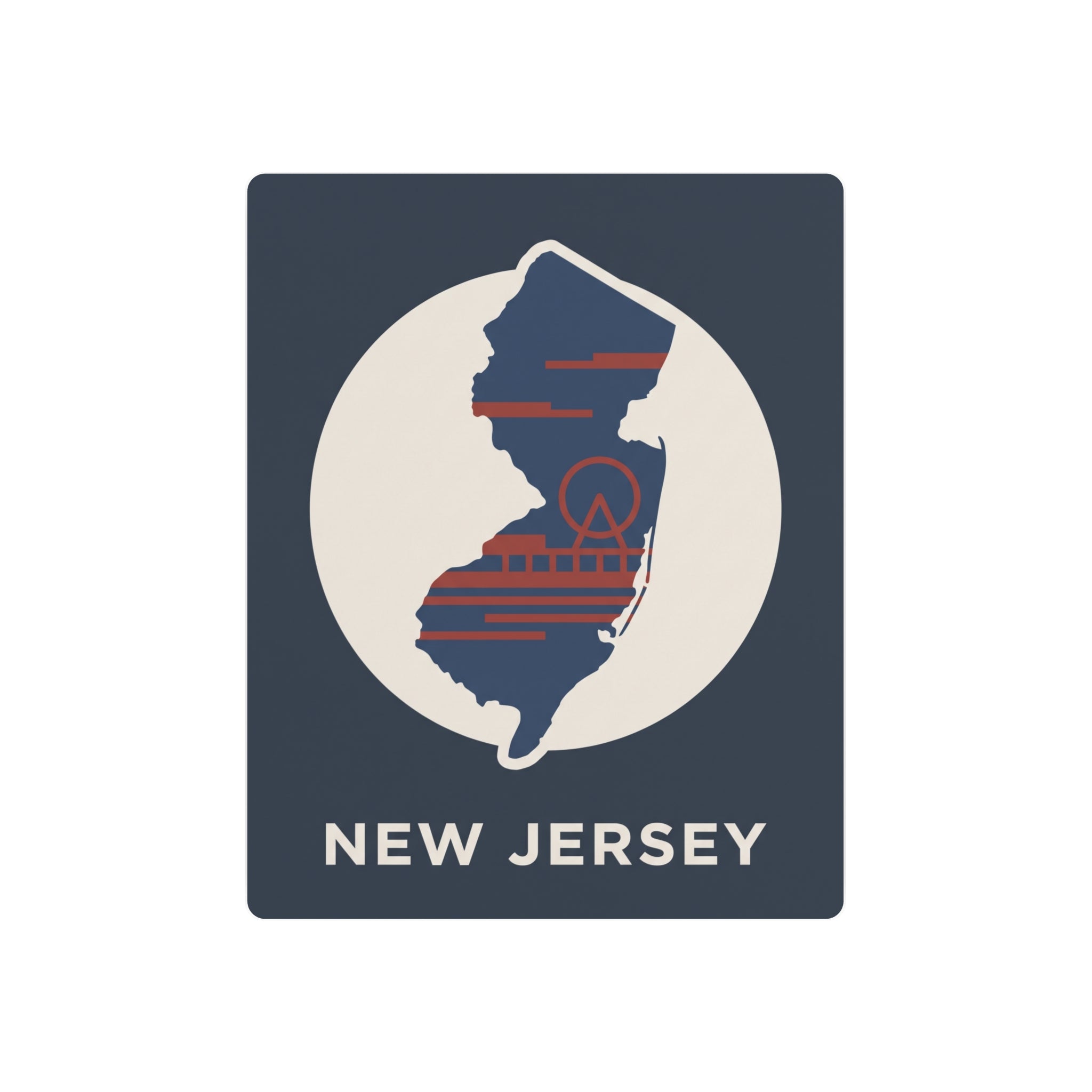 Metal New Jersey state map art sign, dark blue square with circular map and “NEW JERSEY”