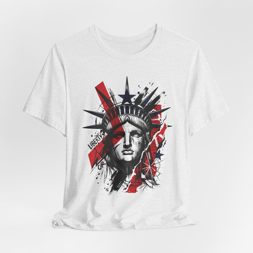White graphic T-shirt with red, white, and black Statue of Liberty portrait print