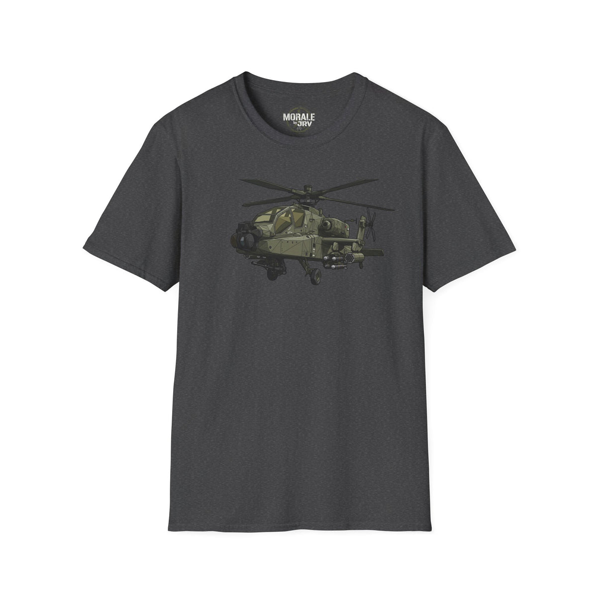 Charcoal crew-neck T-shirt with front Apache helicopter graphic and small logo