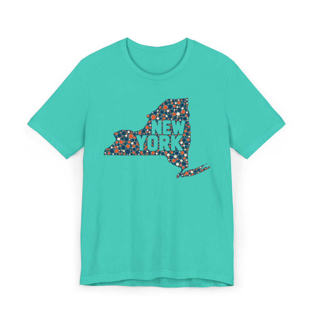 Light teal short-sleeve t-shirt with colorful New York state outline graphic