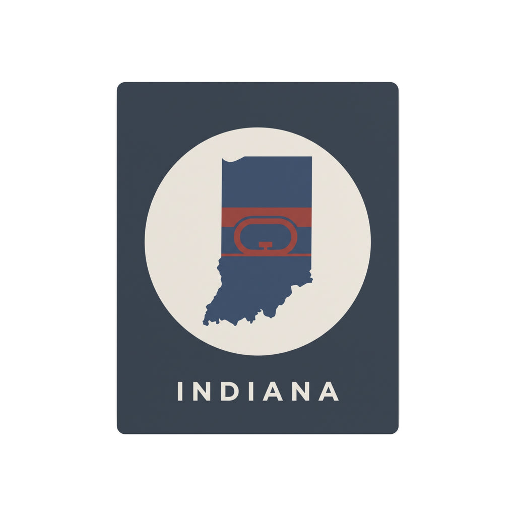 Indiana metal wall sign with oval emblem, state silhouette, and hoop-style artwork in flag colors