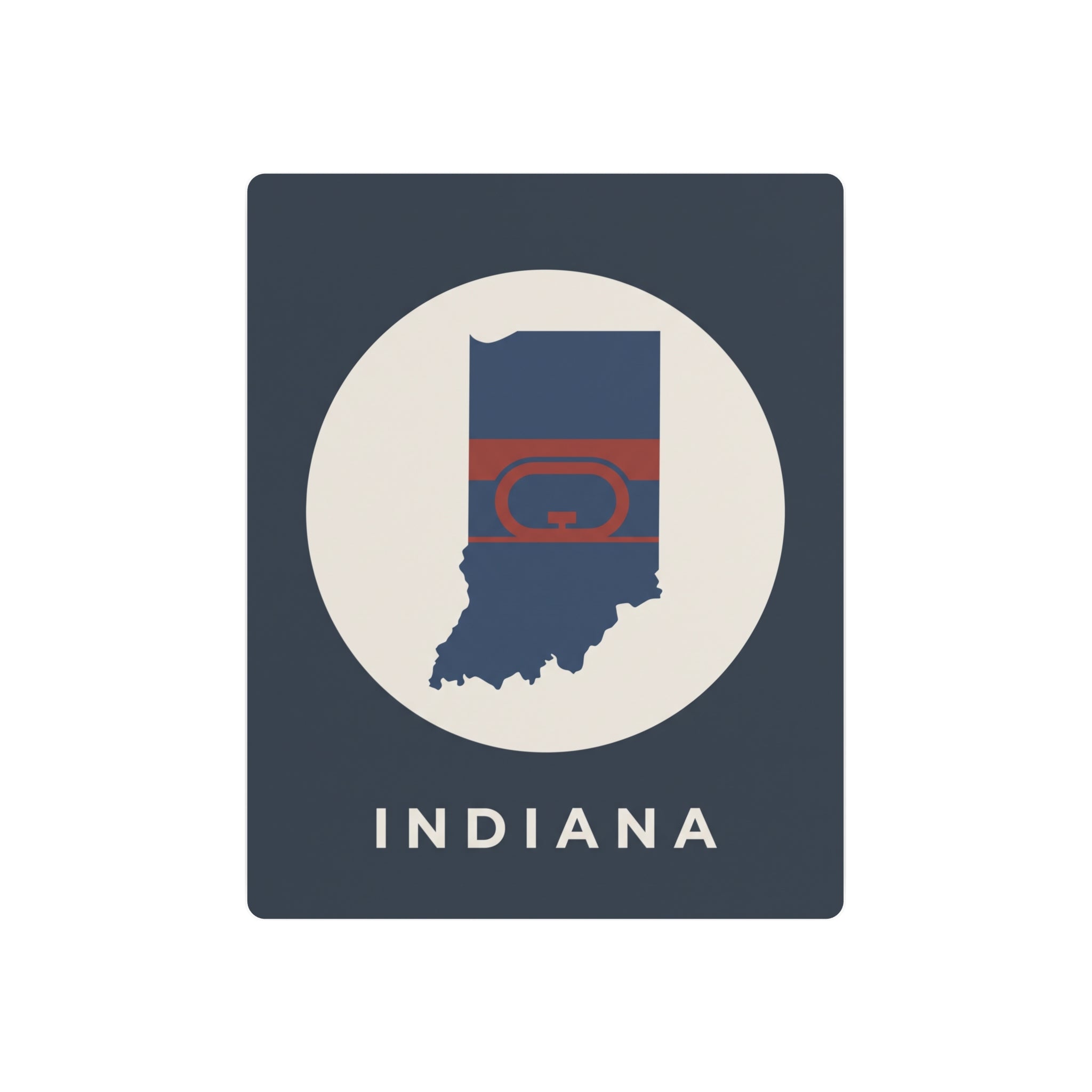 Indiana metal wall sign with oval emblem, state silhouette, and hoop-style artwork in flag colors