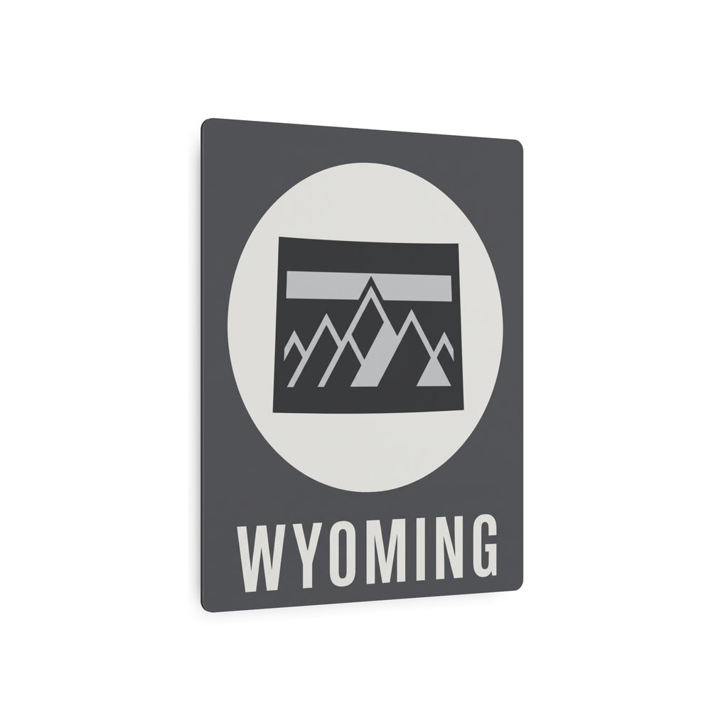 Wyoming metal wall art square with white circle, mountain badge, and WYOMING text on dark gray
