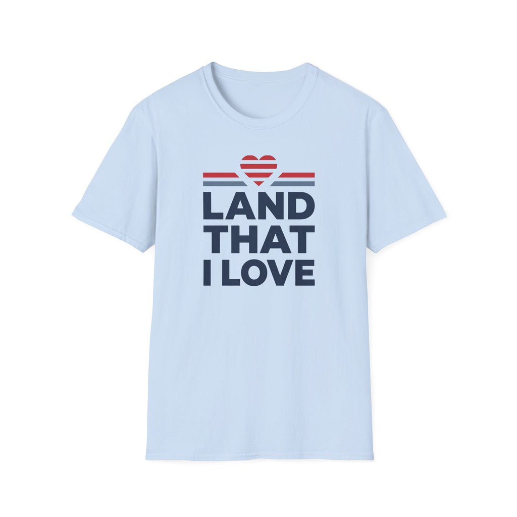 Light blue unisex t-shirt with patriotic heart and text graphic on front.