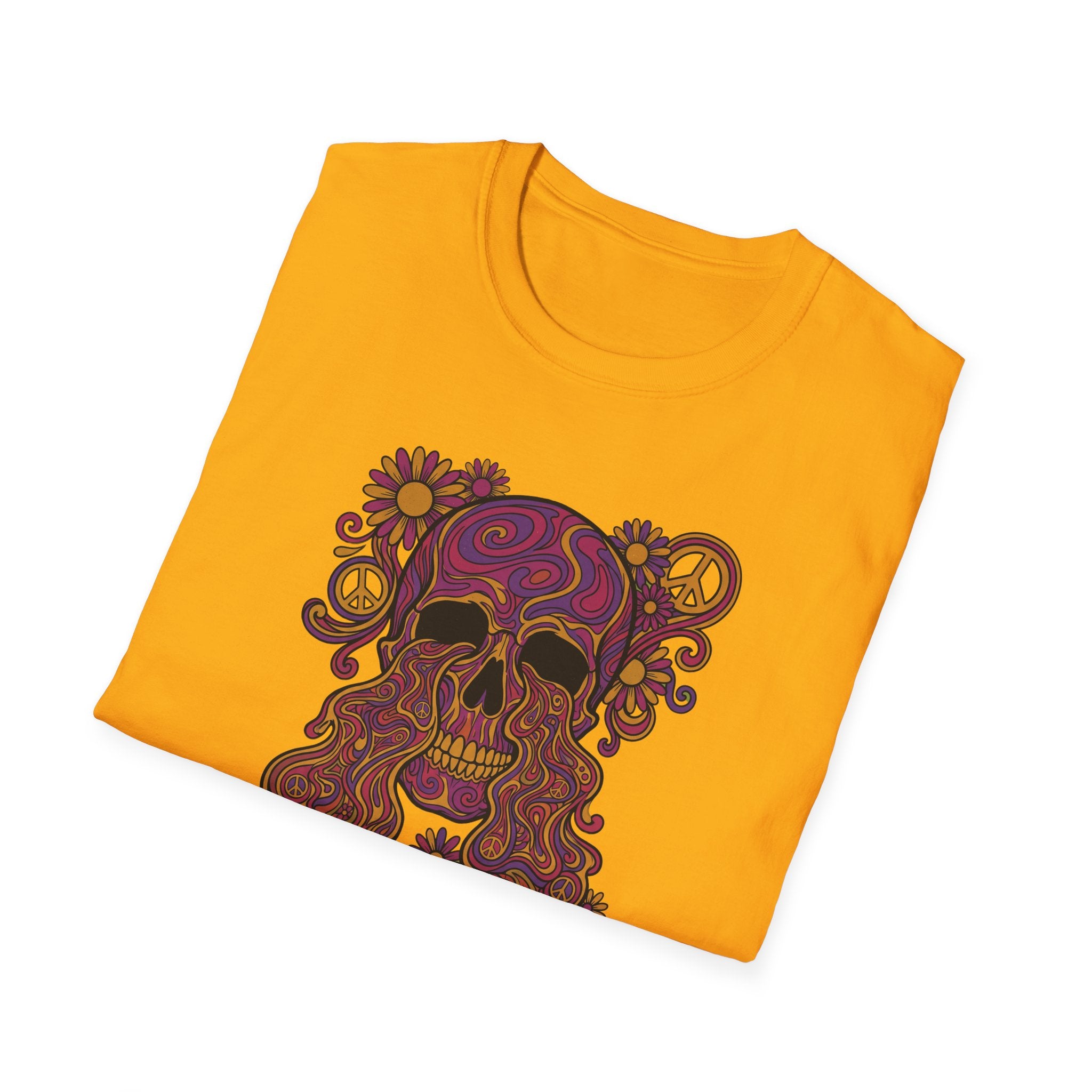 Yellow t-shirt with psychedelic skull and flower peace symbols graphic