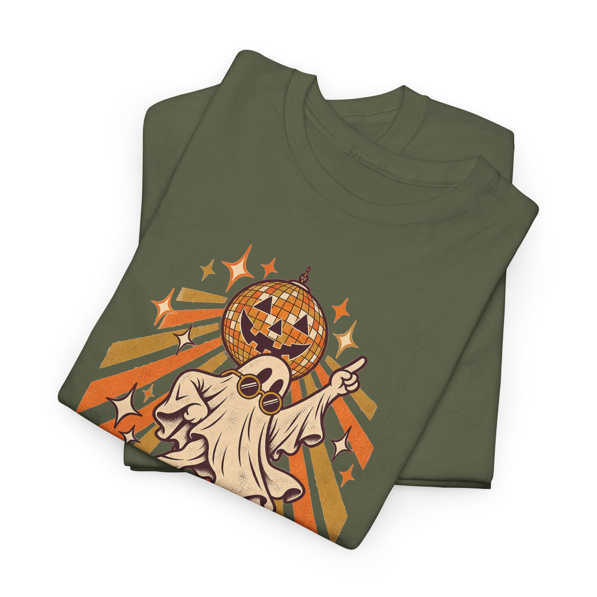 Green Halloween graphic T-shirt with dancing ghost and disco ball artwork