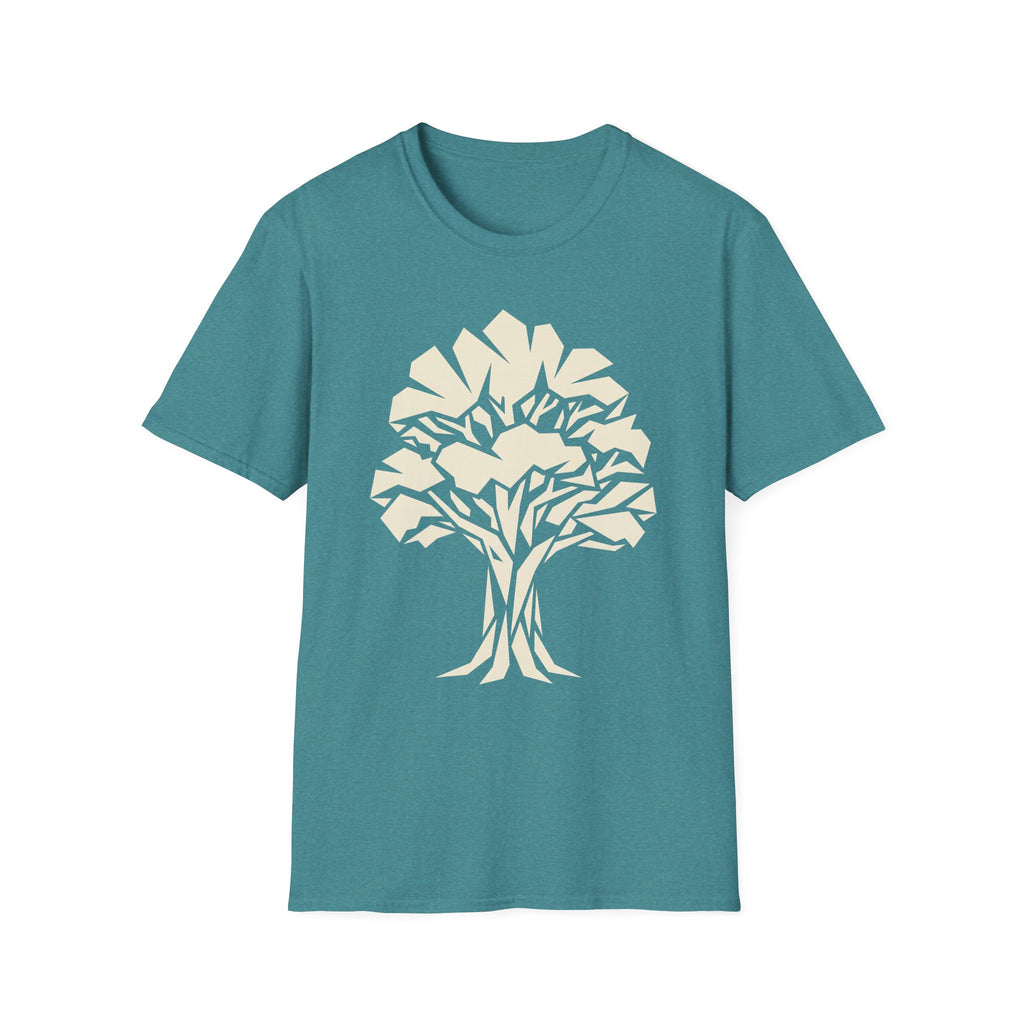 Geometric tree graphic t-shirt, teal crewneck short-sleeve tee with tree print