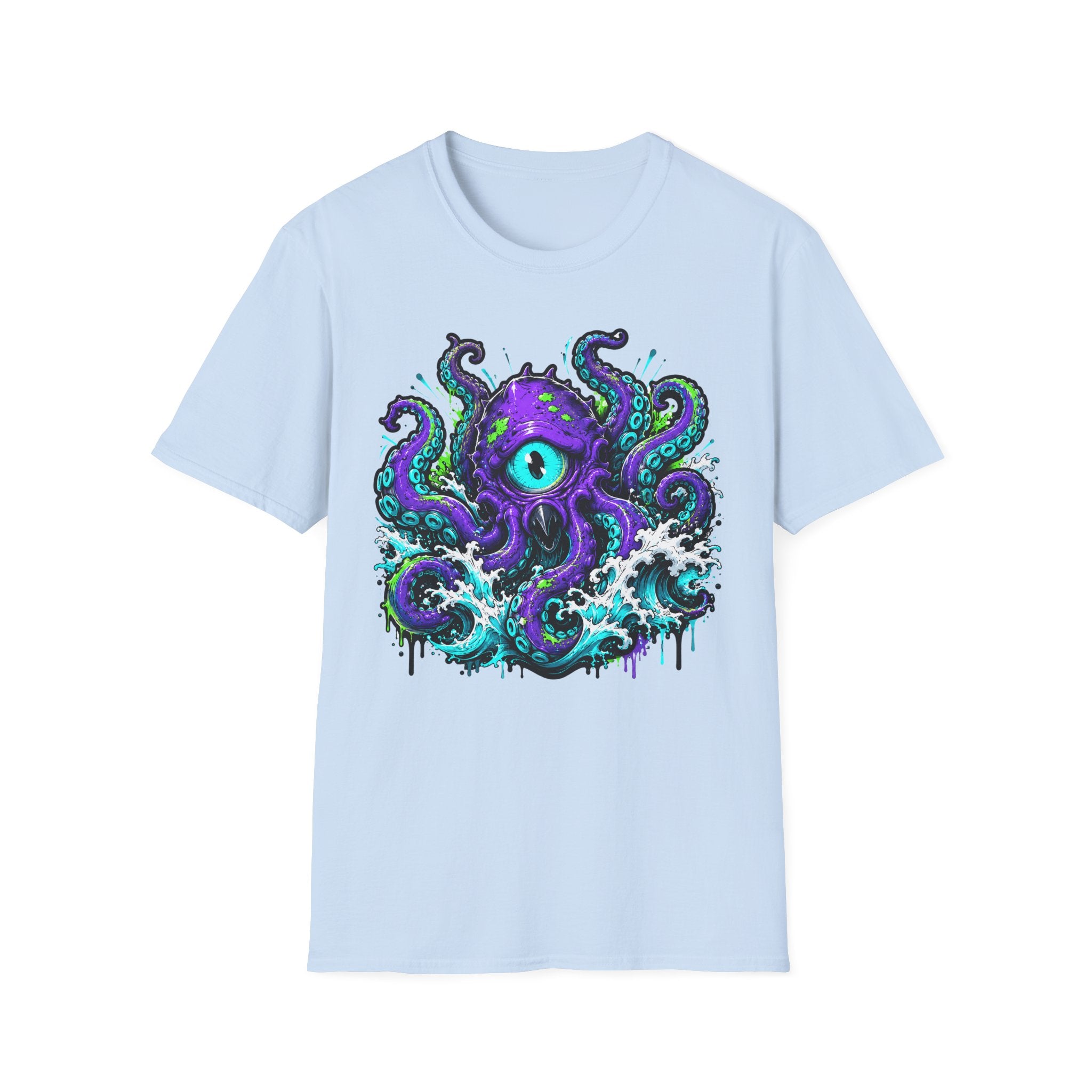Light blue graphic octopus monster T-shirt with purple eye tentacle design