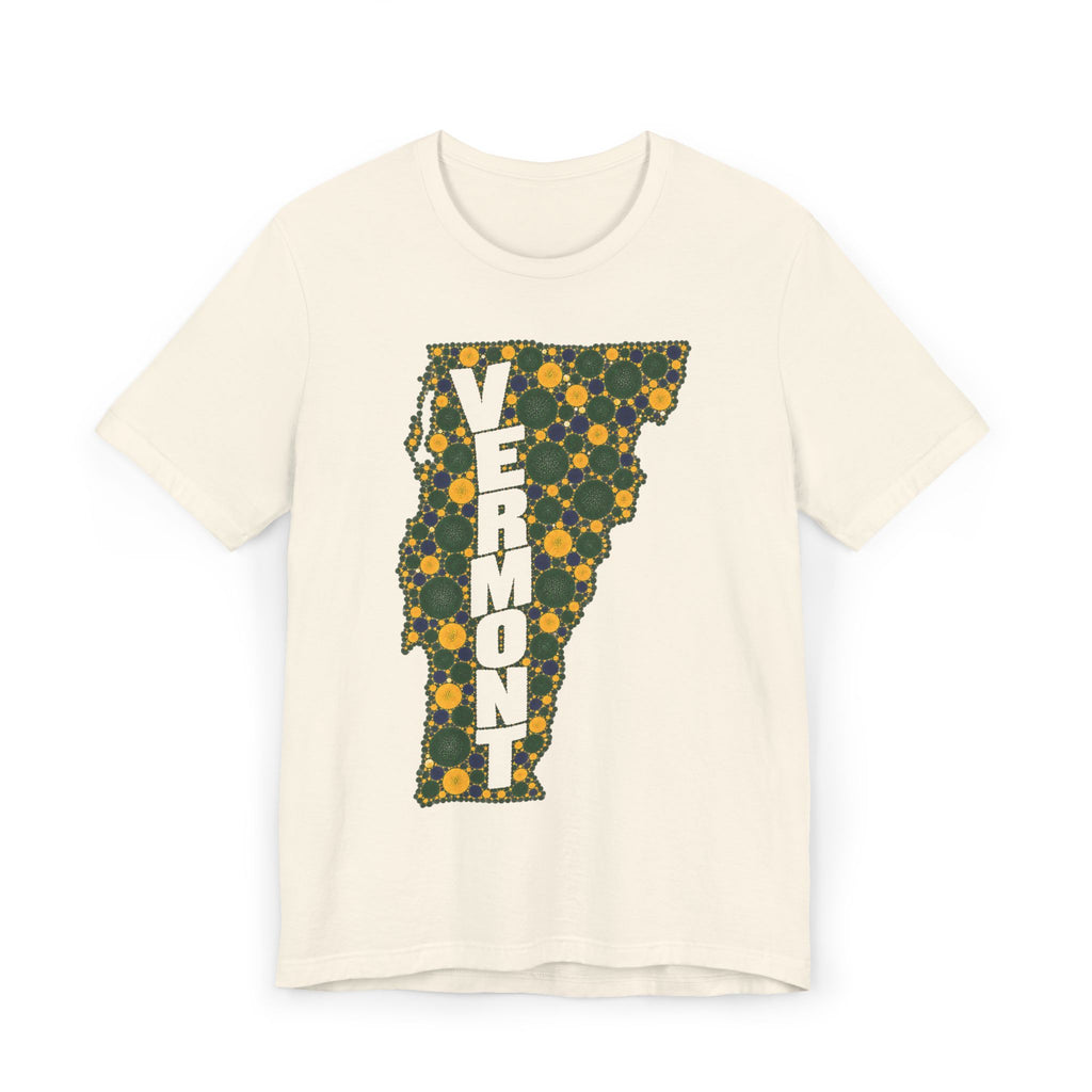 Cream T-shirt with multicolor floral Vermont outline and VERMONT text graphic.