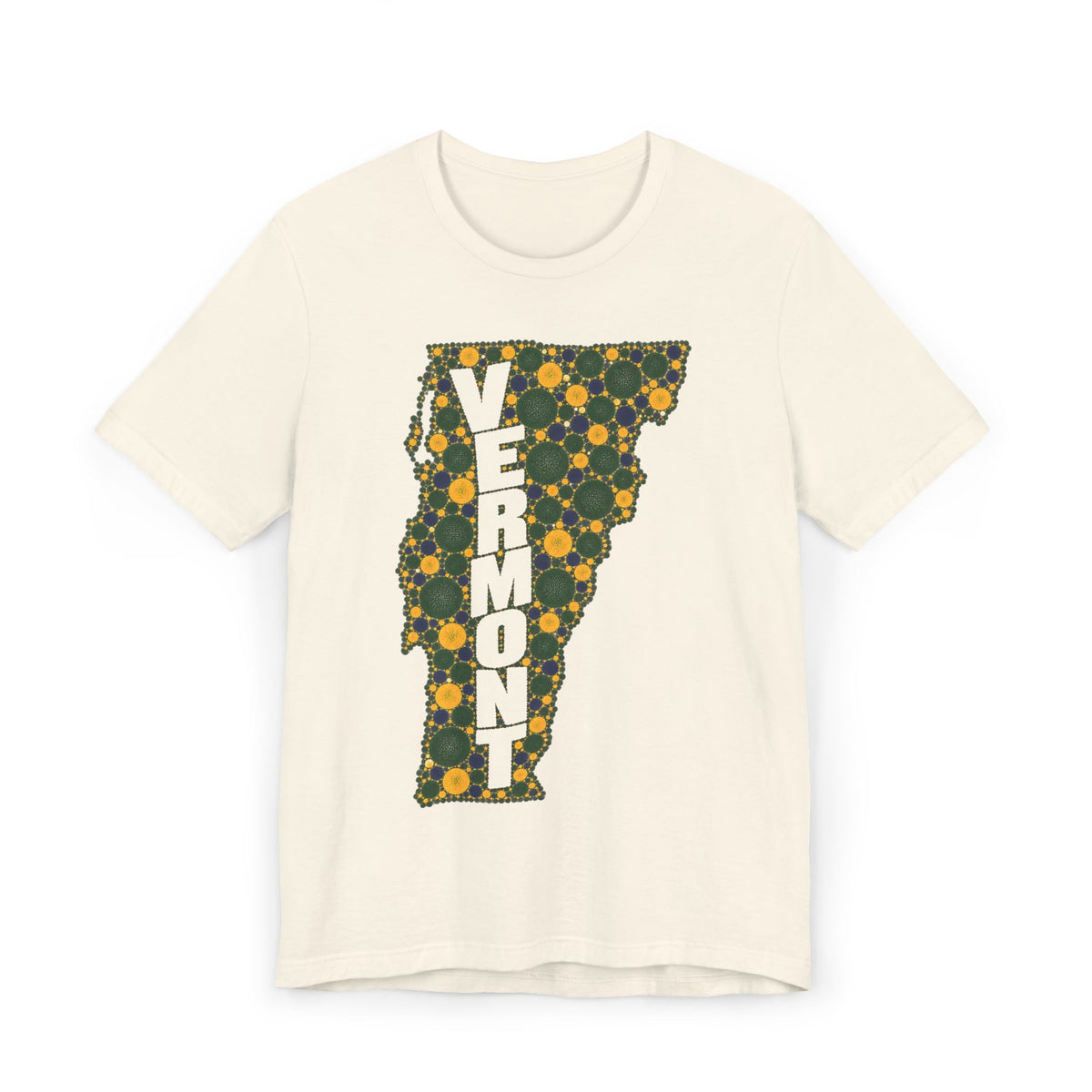 Cream T-shirt with multicolor floral Vermont outline and VERMONT text graphic.