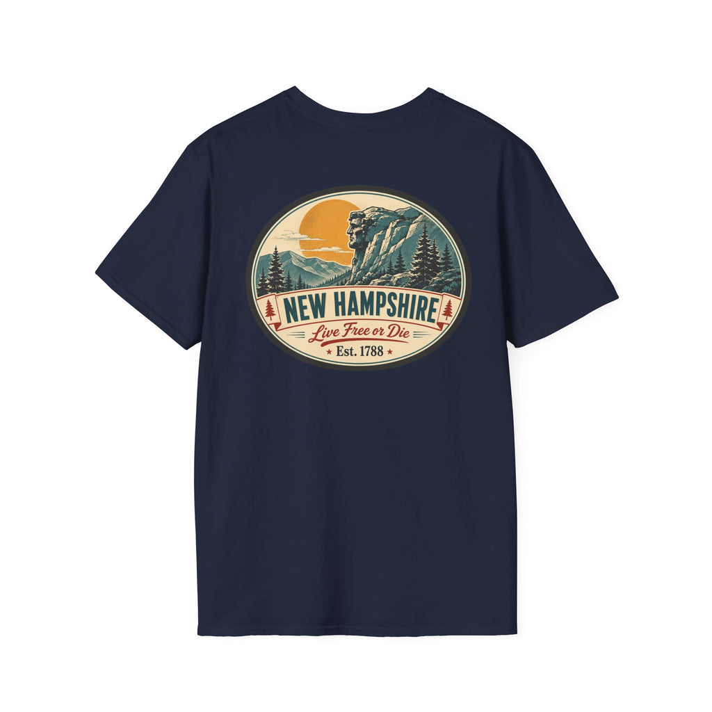 Navy graphic T-shirt with circular mountains and New Hampshire logo on chest