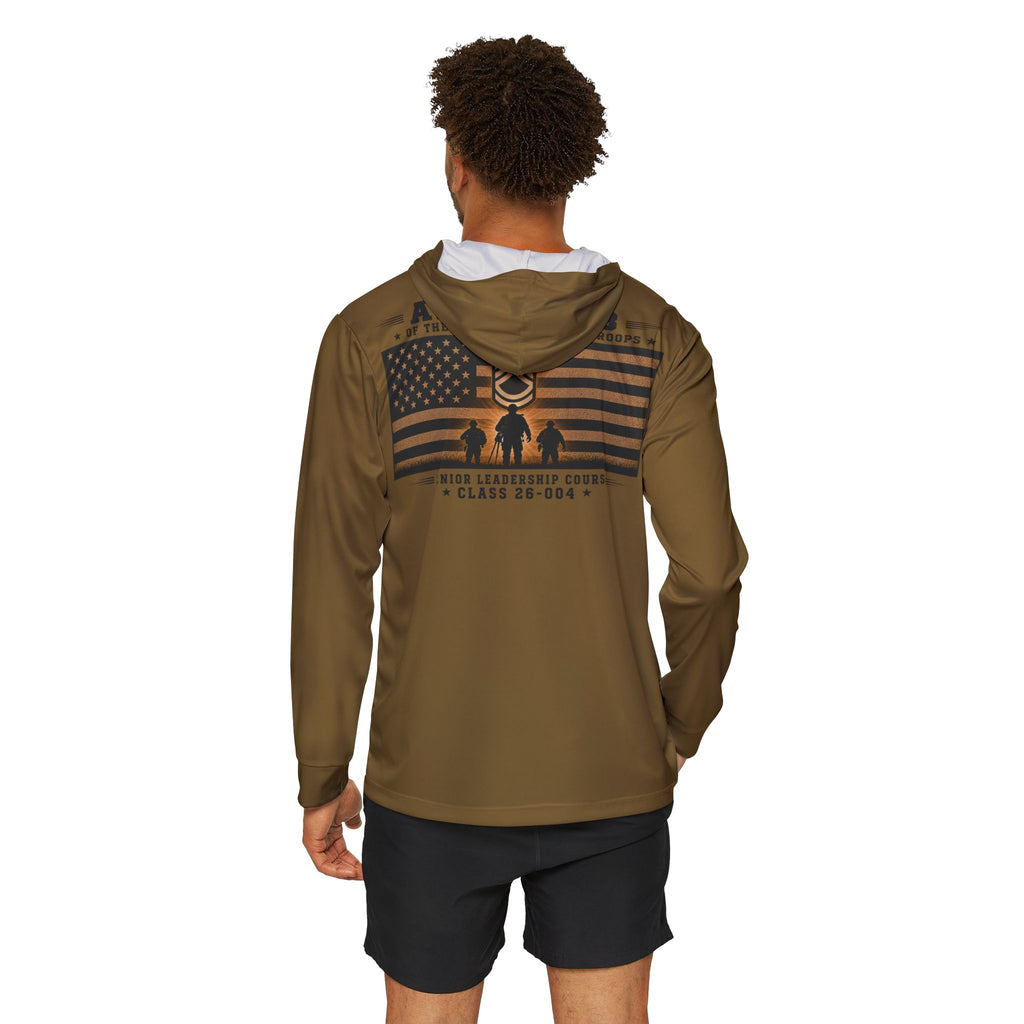 Olive-brown hoodie with hood, back U.S. flag stripe emblem and leadership graphic