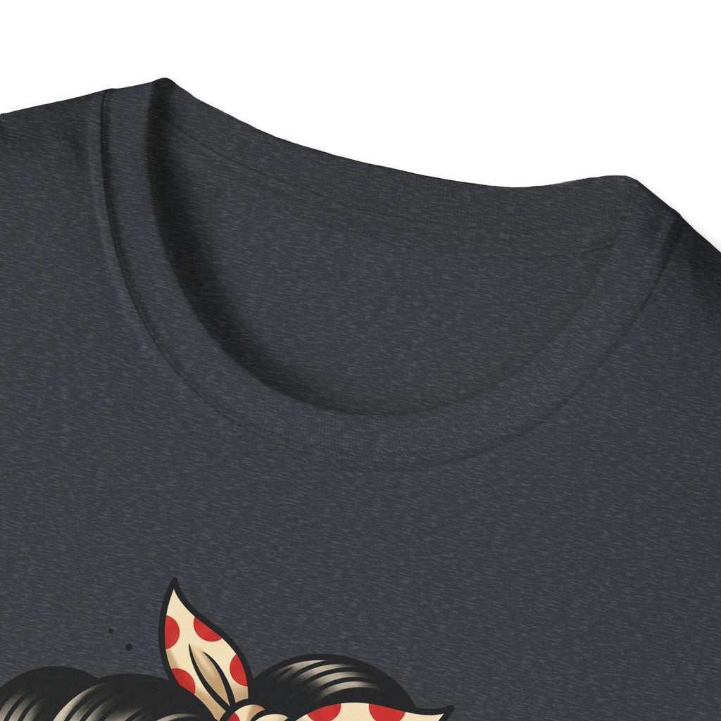 Charcoal t-shirt neckline with partial sugar skull pinup graphic