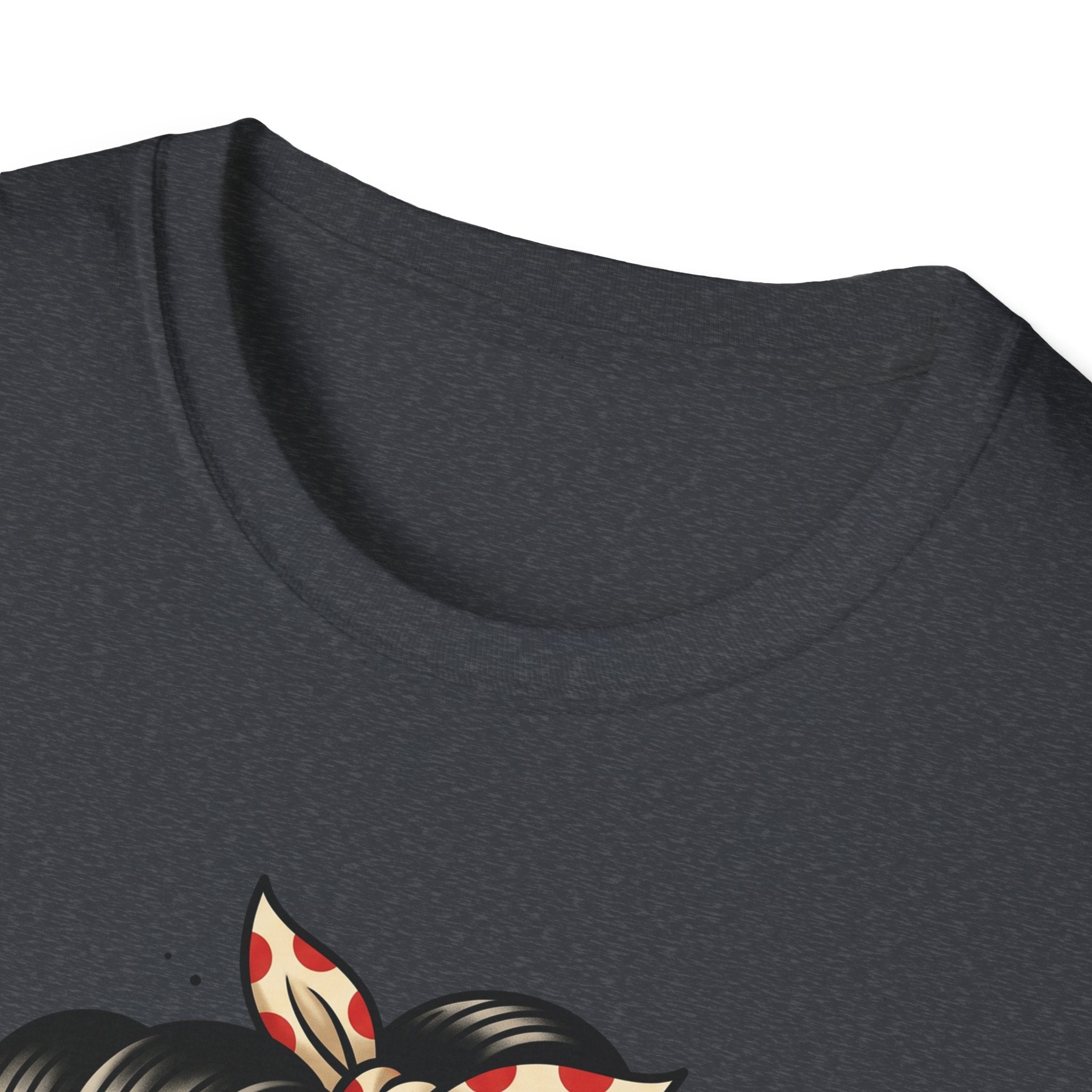 Charcoal t-shirt neckline with partial sugar skull pinup graphic