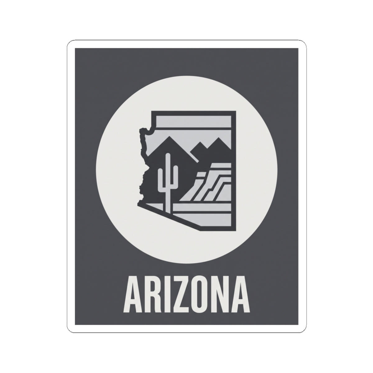 Arizona badge sticker with white circle desert graphic and ARIZONA text on dark square