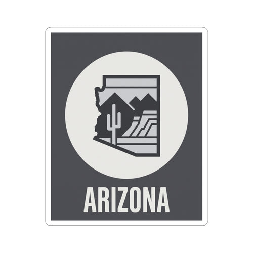 Arizona badge sticker with white circle desert graphic and ARIZONA text on dark square
