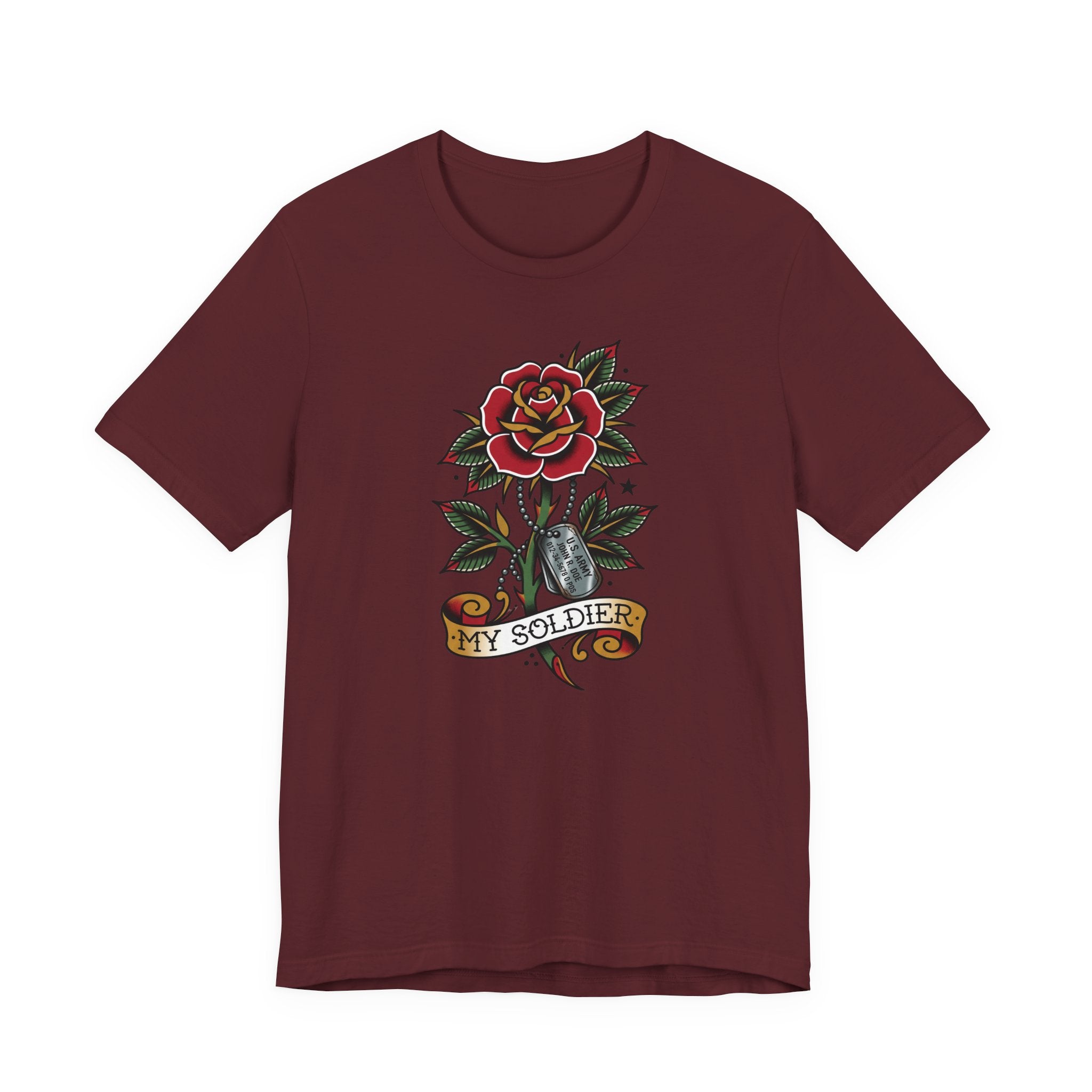 Maroon T-shirt with rose and dog tag graphic reading “MY SOLDIER”