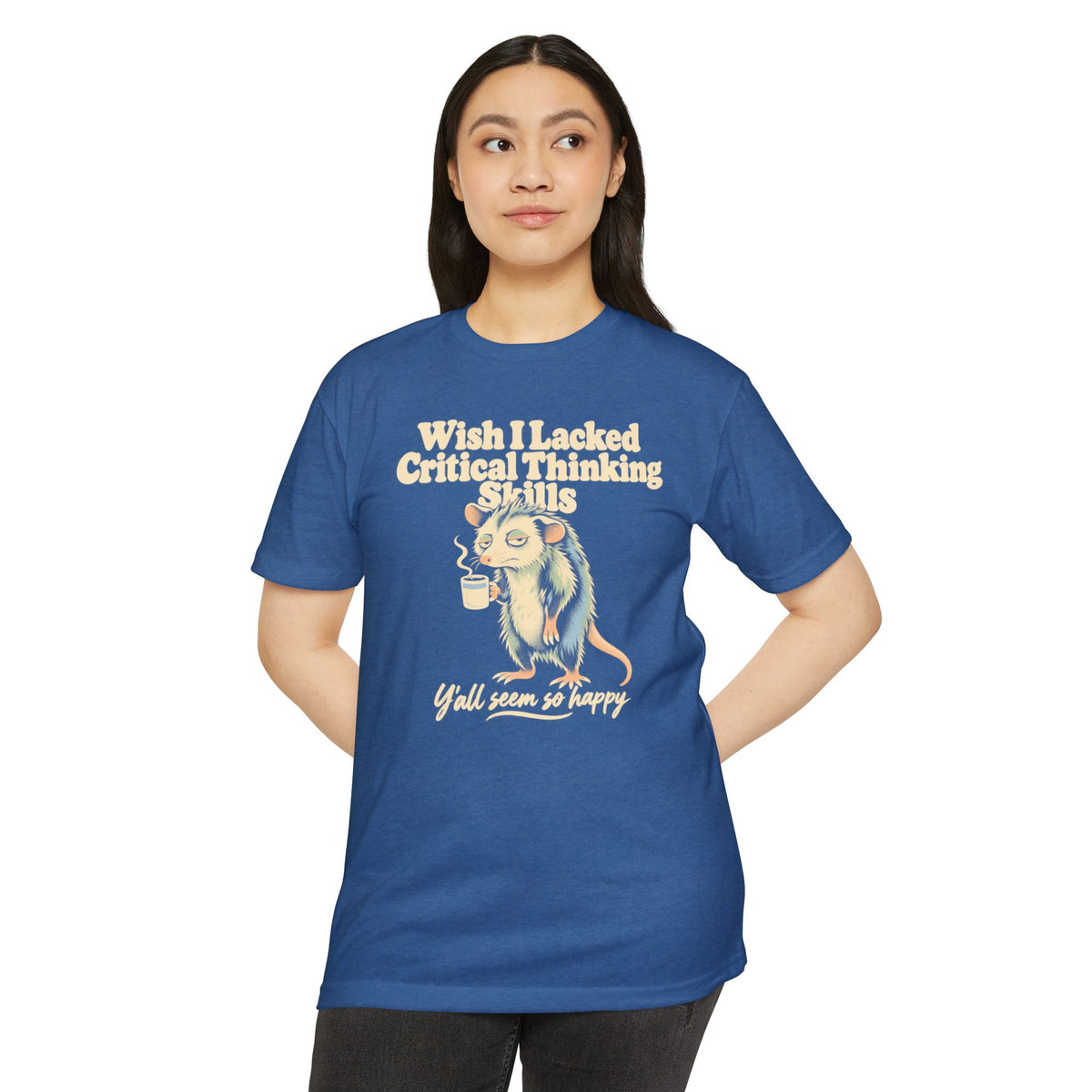 Short-sleeve T-shirt in blue with opossum holding coffee and printed slogan