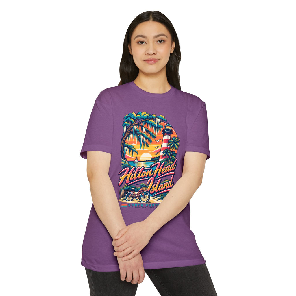Dusty rose T-shirt with Hilton Head Island logo graphic and crew neck