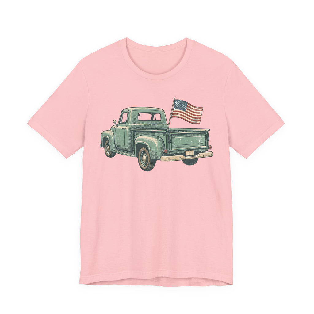 Pink pickup truck graphic T-shirt with small American flag
