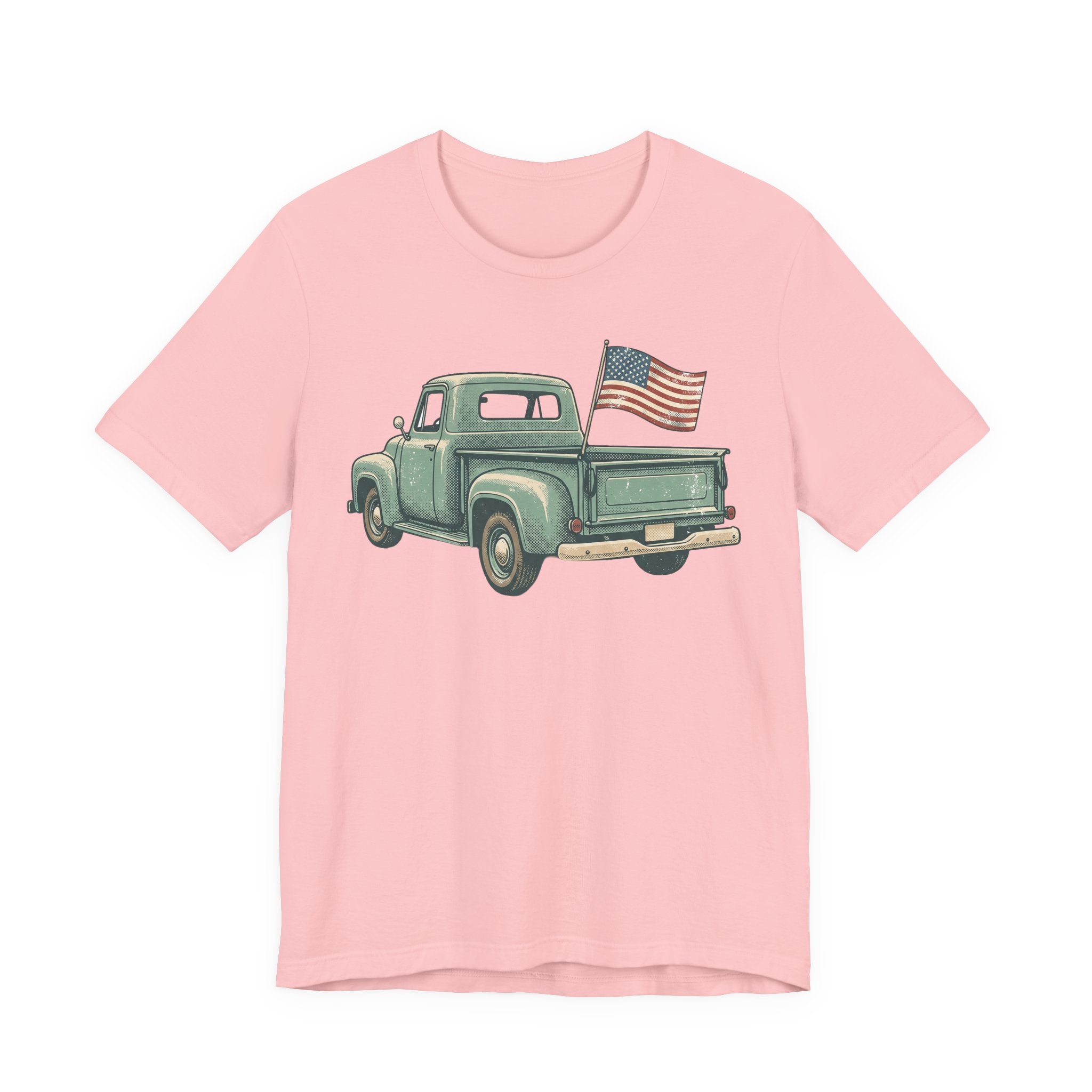 Pink pickup truck graphic T-shirt with small American flag