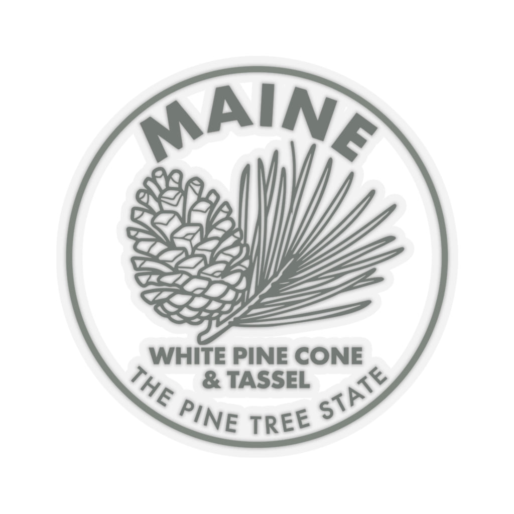 Circular Maine sticker featuring white pine cone and tassel graphic, transparent vinyl decal