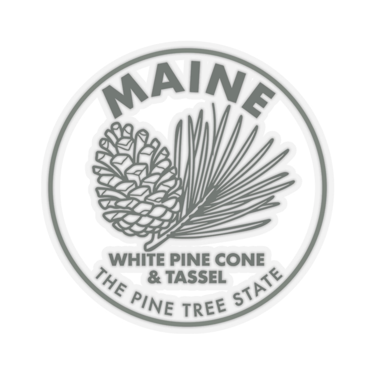 Circular Maine sticker featuring white pine cone and tassel graphic, transparent vinyl decal