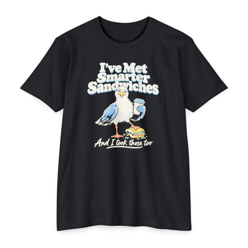 Black crewneck T-shirt with seagull graphic and text “I’ve Met Smarter Sandwiches”