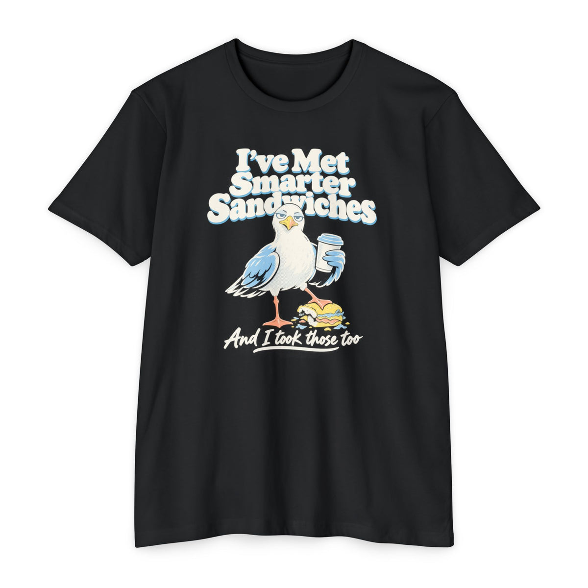 Black crewneck T-shirt with seagull graphic and text “I’ve Met Smarter Sandwiches”