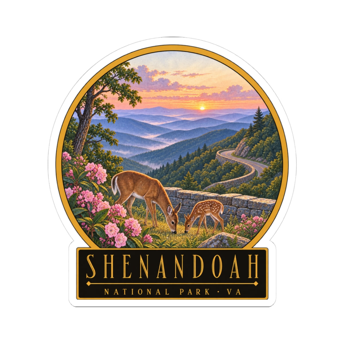 Round sticker with deer grazing in sunset mountain landscape, arched border and SHENANDOAH text