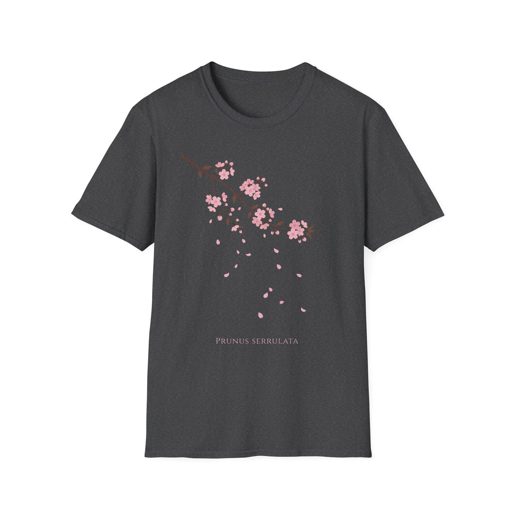 Cherry Blossom Branch T-Shirt, dark gray with pink sakura branch and falling petals print