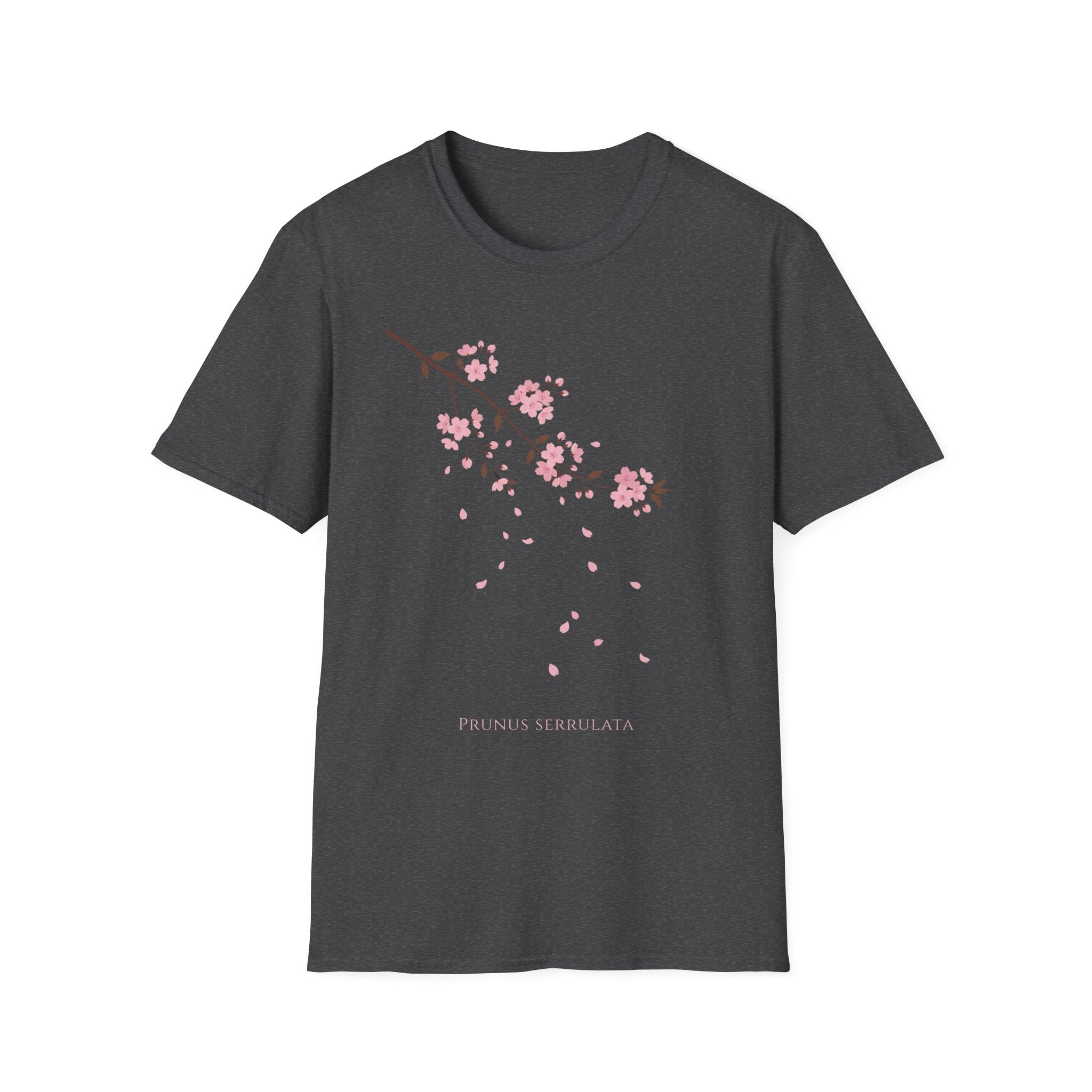Cherry Blossom Branch T-Shirt, dark gray with pink sakura branch and falling petals print