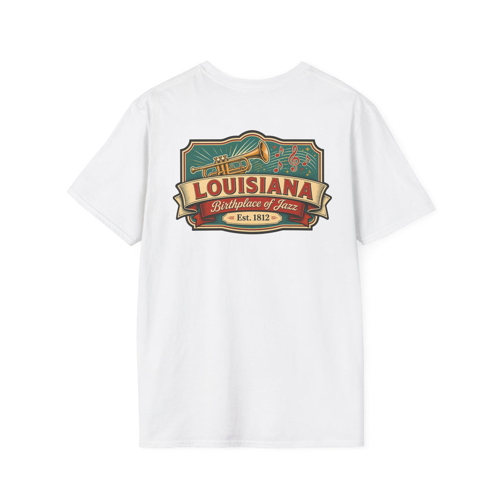 White Louisiana T-shirt with vintage travel graphic chest print