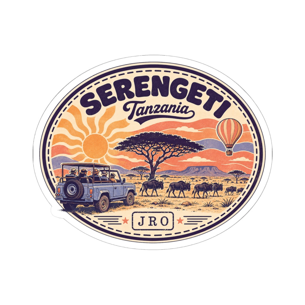 Round Serengeti Tanzania sticker featuring a safari jeep, animals, tree, and hot air balloon