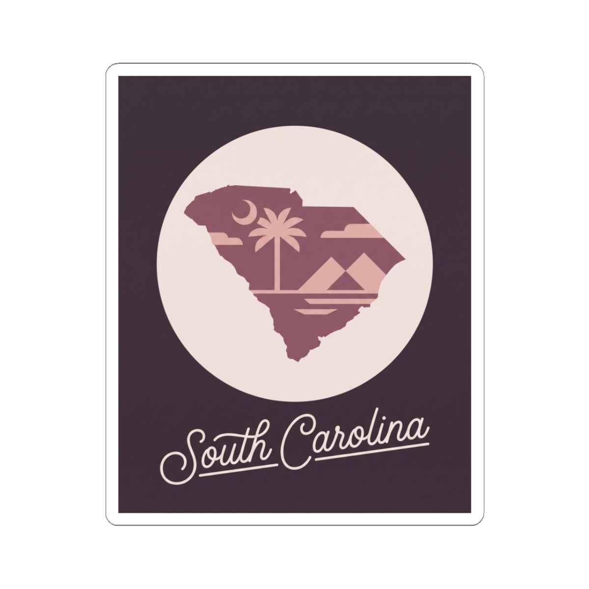 South Carolina state silhouette sticker with palm tree inside a beige circle